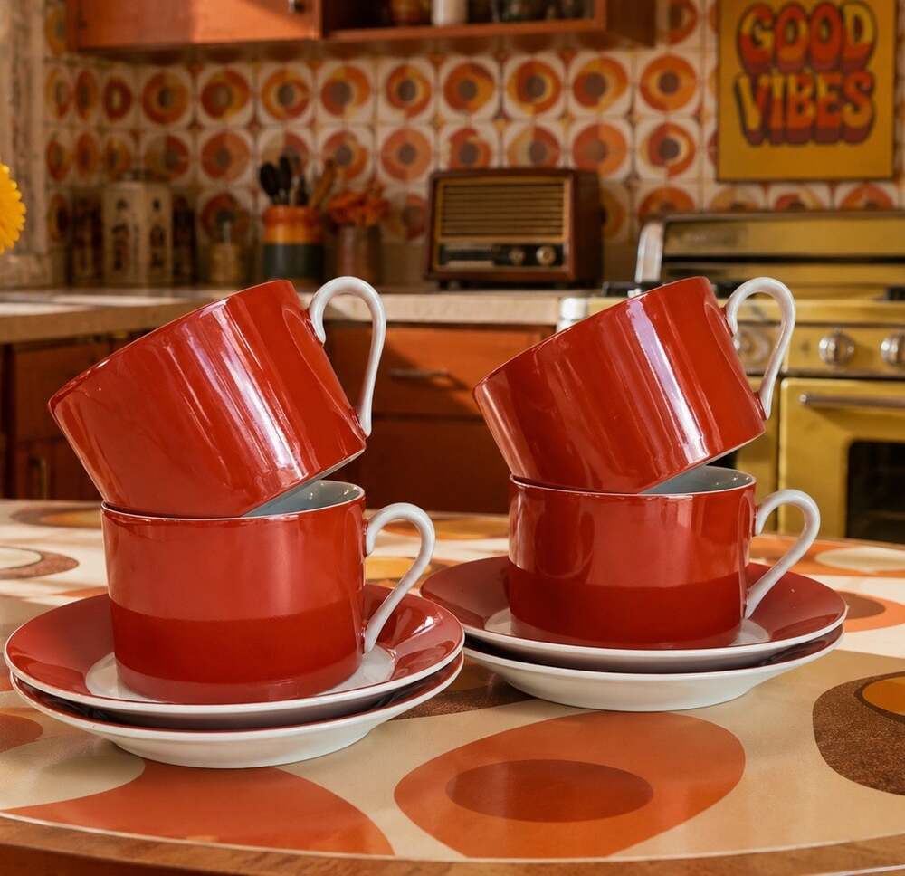 Vintage 1975 Fitz & Floyd Red White Cups Saucers Set of 4 MCM Japan Mod Retro